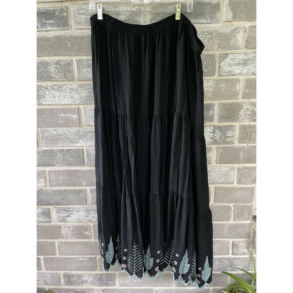 Double D Ranch Black Maxi Skirt with Green Leaf Detail